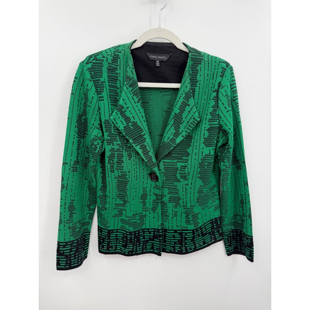 Ming Wang Abstract Knit Jacket Women Size M Green Black Single Button Blazer